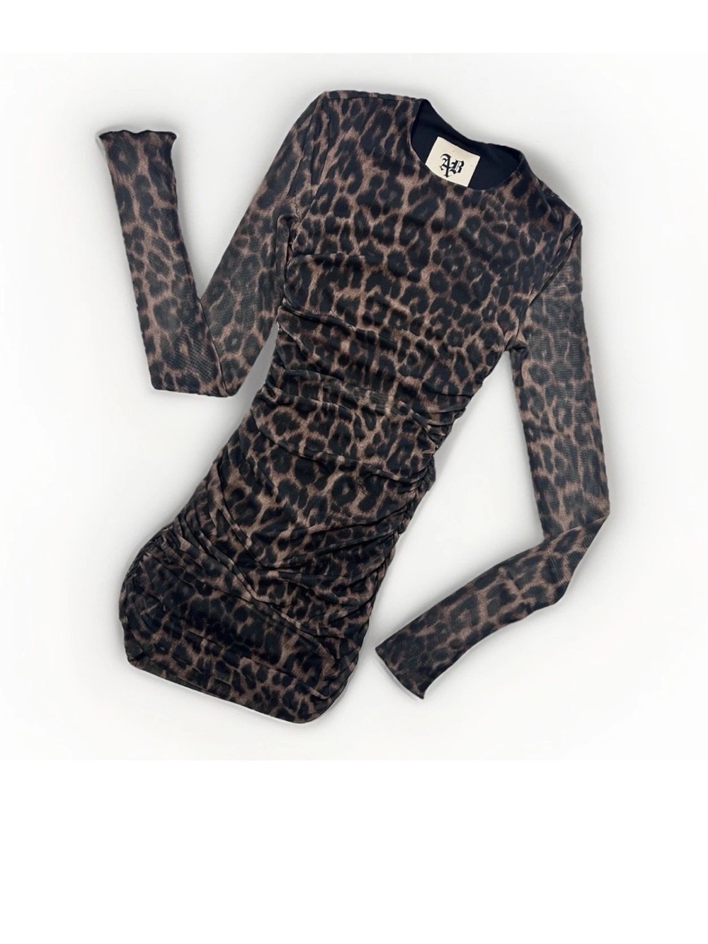 Aniya By Italy Mini Dress Leopard Print Long Sleeve Mesh Ruched Designer Sassy